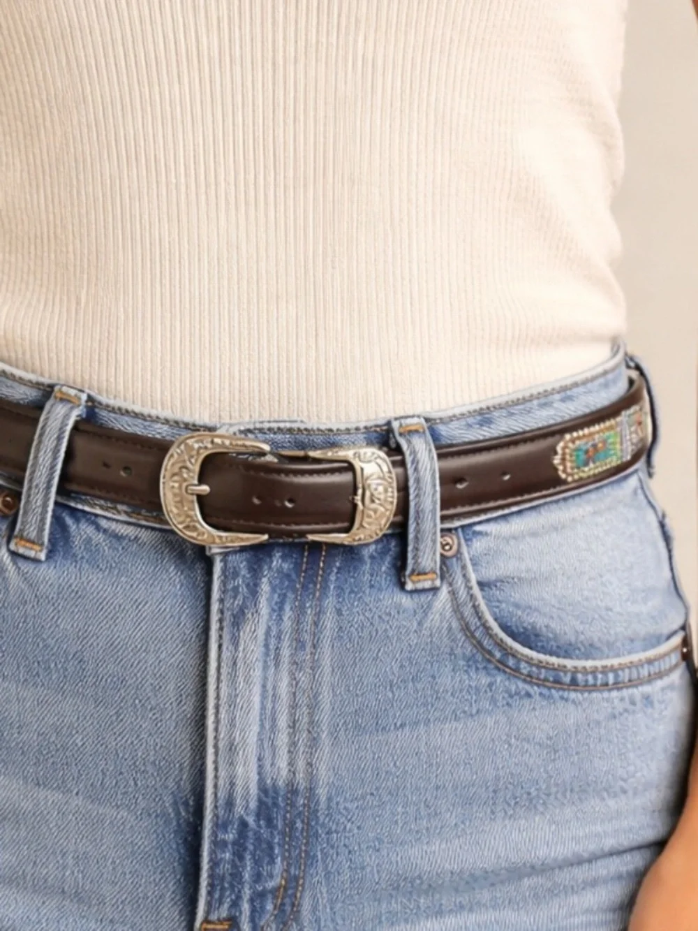 Vintage‎ Beaded Leather Belt 7/8” Native Motif Size S 28 Boho Western